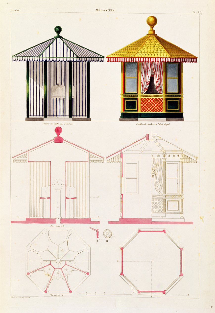 Design til et urinal og en pavillon, plade 25 fra Nouveau Recueil de Menuiserie et de Decorations interieures, 1837 af Francois Thiollet