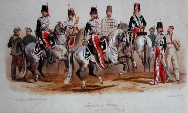Franske kavalerister på det andet imperiums tid (farve litho) af Francois Hippolyte (after) Lalaisse