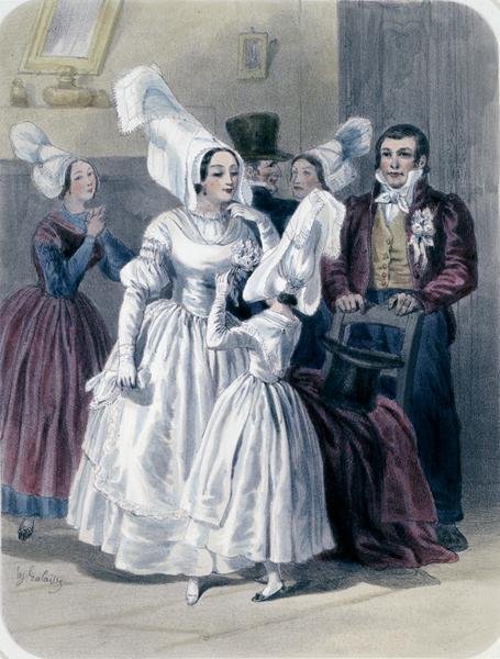 En brud og en pige før hendes første kommunion, fra Nantes og det nedre Loire-område (farvelitografi) af Francois Hippolyte Lalaisse