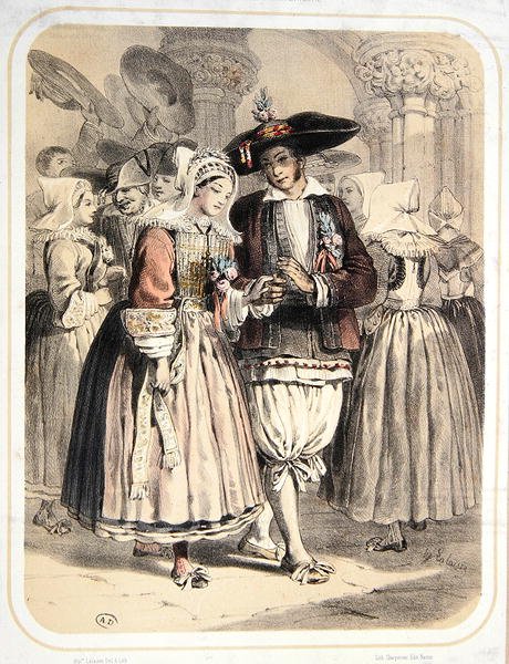 Brud og brudgom fra Saille-regionen, Frankrig, ca. 1850 (farve litho) af Francois Hippolyte Lalaisse