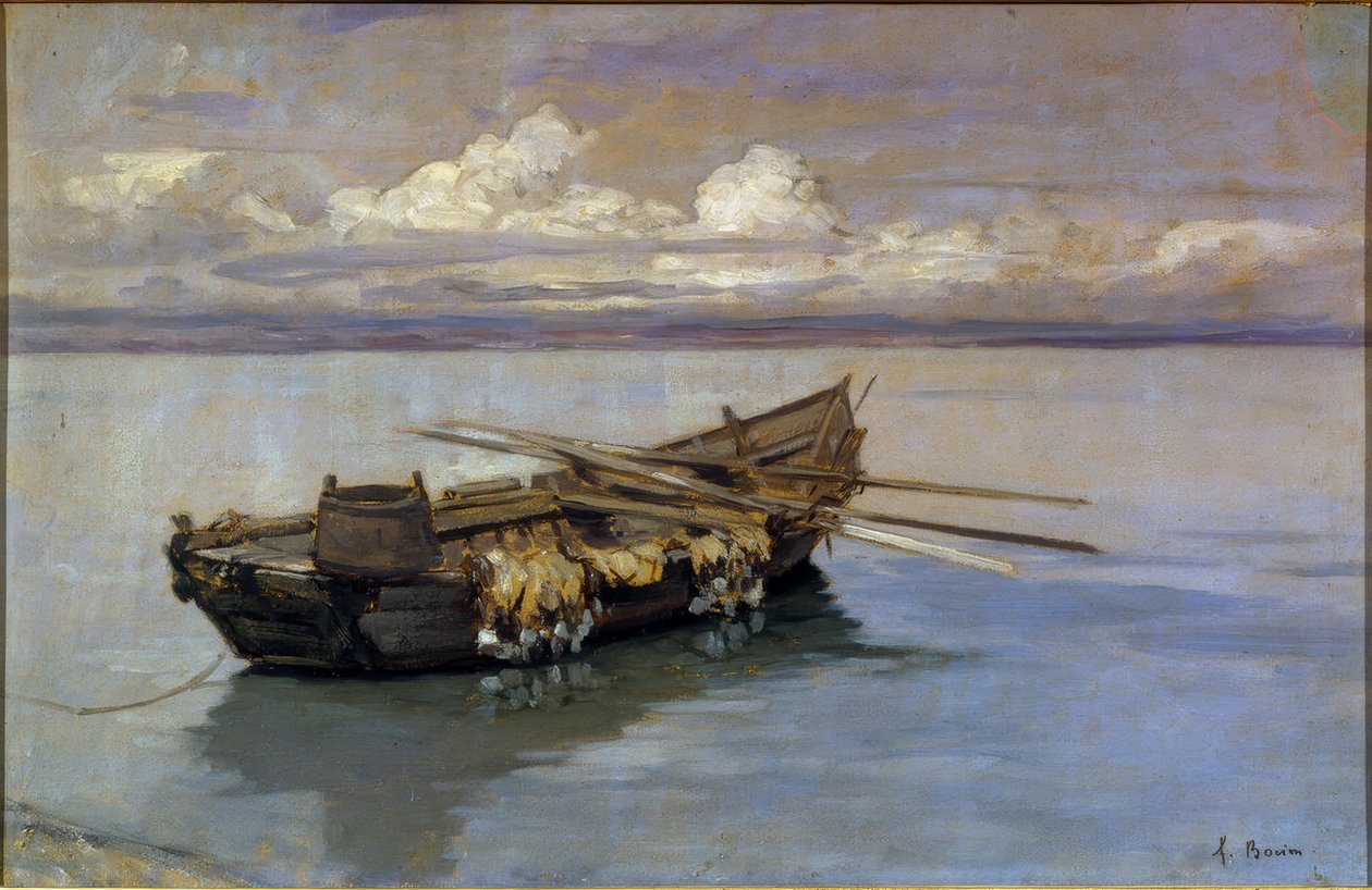 Båd fyldt med net ved bredden af Francois-Louis-David Bocion