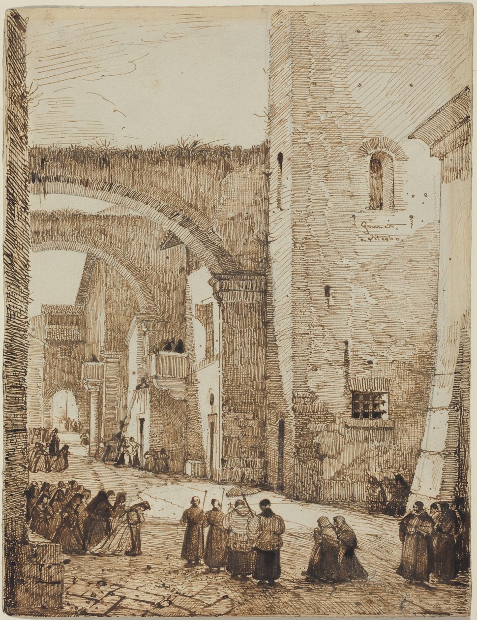 En præst i procession gennem en middelalderlig gade i Viterbo af Francois-Marius Granet