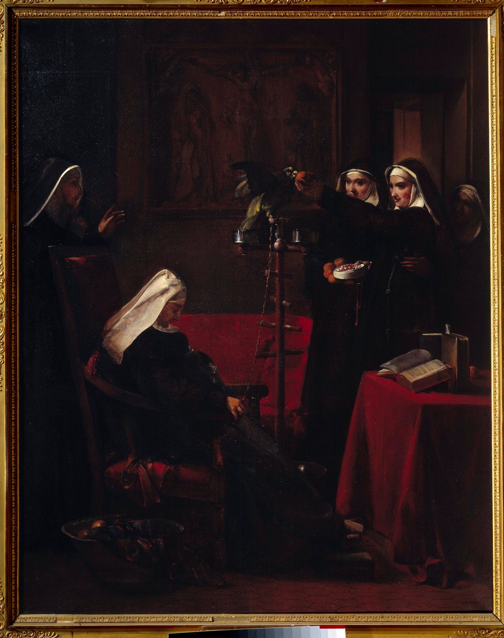Grønne grønne nonner, der giver mad til papegøjen af en sovende nonne. Maleri af Francois Marius Granet (1775-1849) af Francois Marius Granet