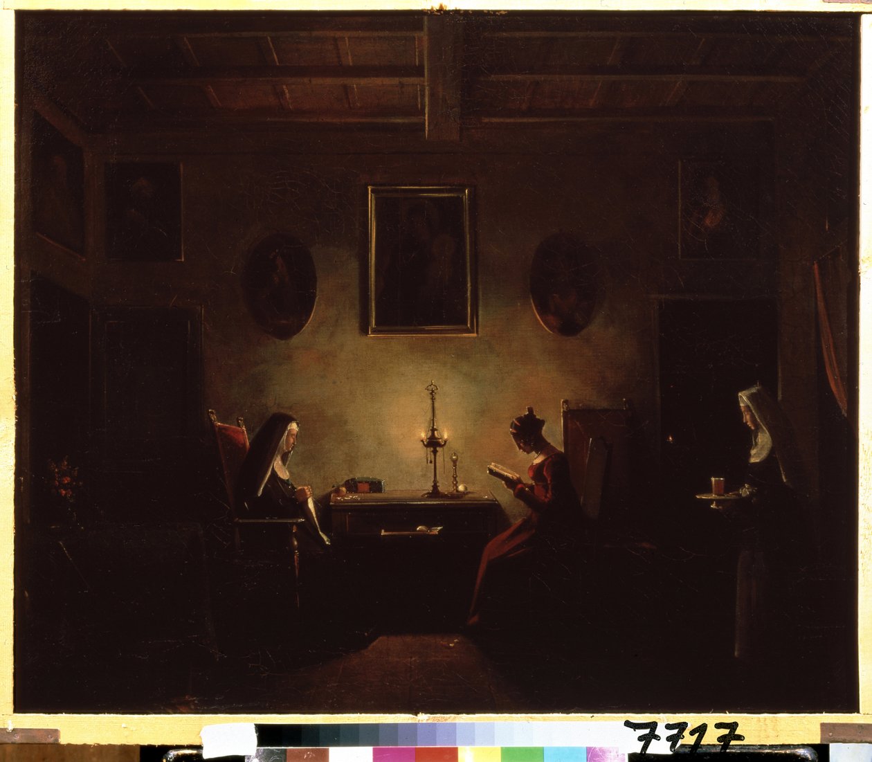 ""Interiør"" Scene i et kloster, en ung pige læser ved levende lys, to nonner er i rummet. Maleri af Francois Marius Granet (1775-1849) Pushkin Museum fra det 19. århundrede, Moskva af Francois Marius Granet