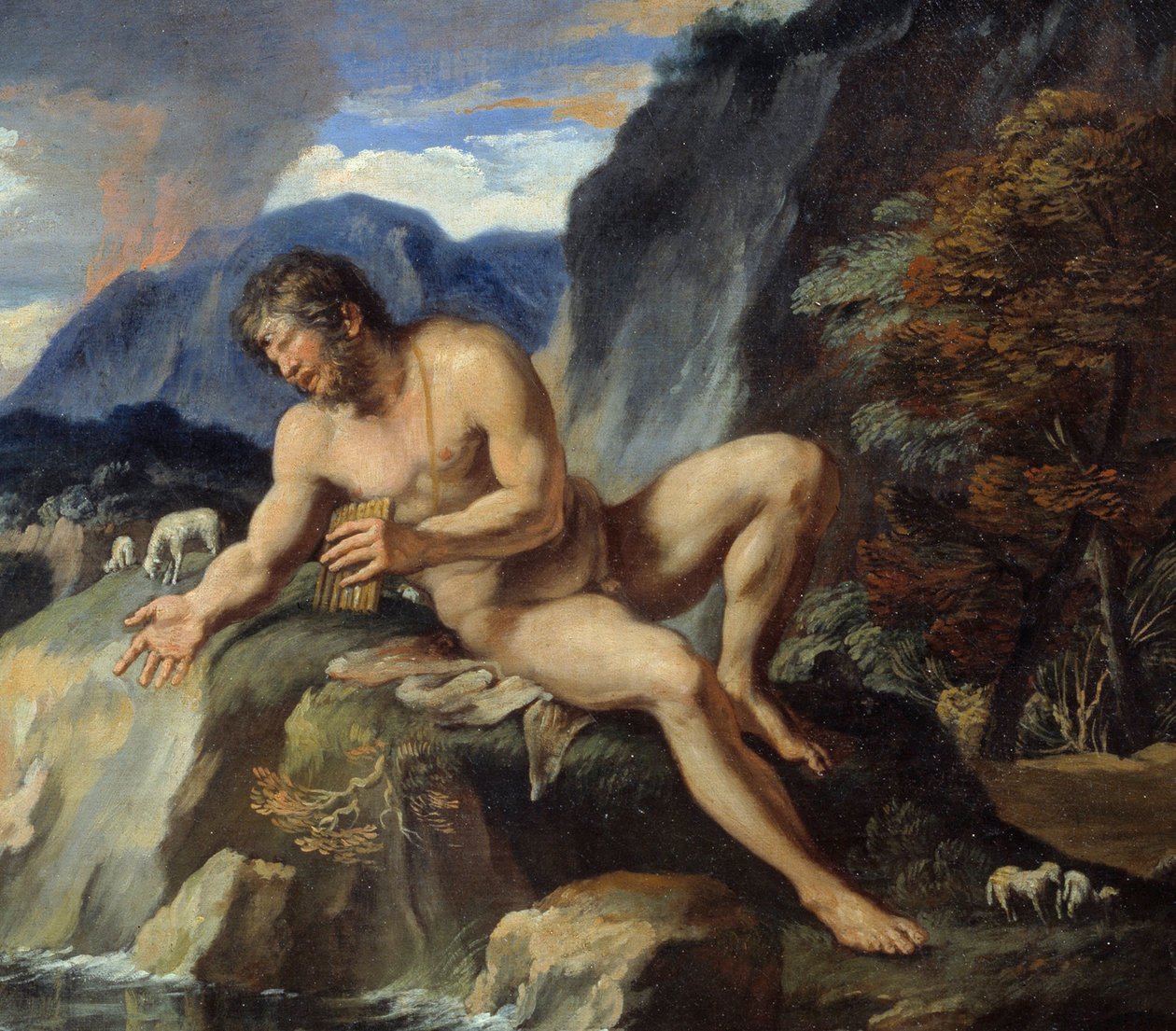 Polypheme Cyclops med en Pan-fløjte, detalje af "" Acis and Galatee""" Nymfen Galatee og Acis, observeres af Cyclops Polypheme, jaloux på deres idylliske kærlighed. Ifølge Ovids "Metamorfoser". Maleri af Francois Perrier (1590-1650) 17. ce af Francois Perrier