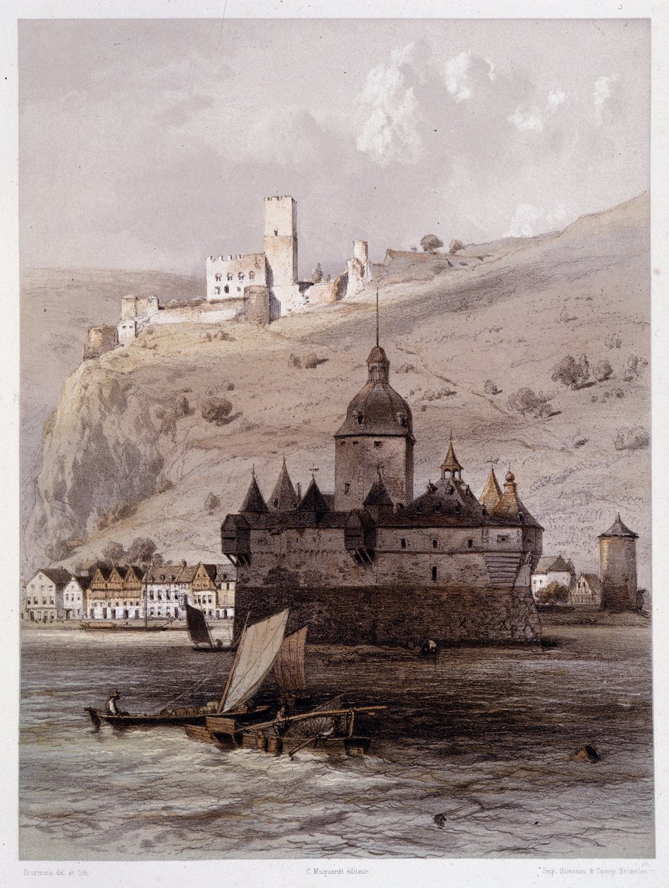 Chateau a Pfalz, Tyskland. I "" Den monumentale og maleriske Rhinen"". Litografier af Fourmais og Stroobant af Francois Stroobant