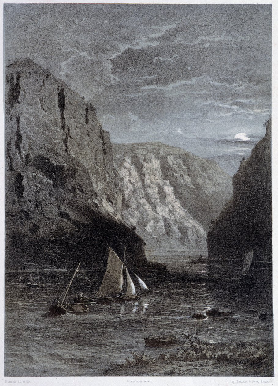 Landskab af Rhinen, Lurley-In "" Den monumentale og maleriske Rhinen"", akvarel efter naturen, litografier af Fourmais og Stroobant. af Francois Stroobant