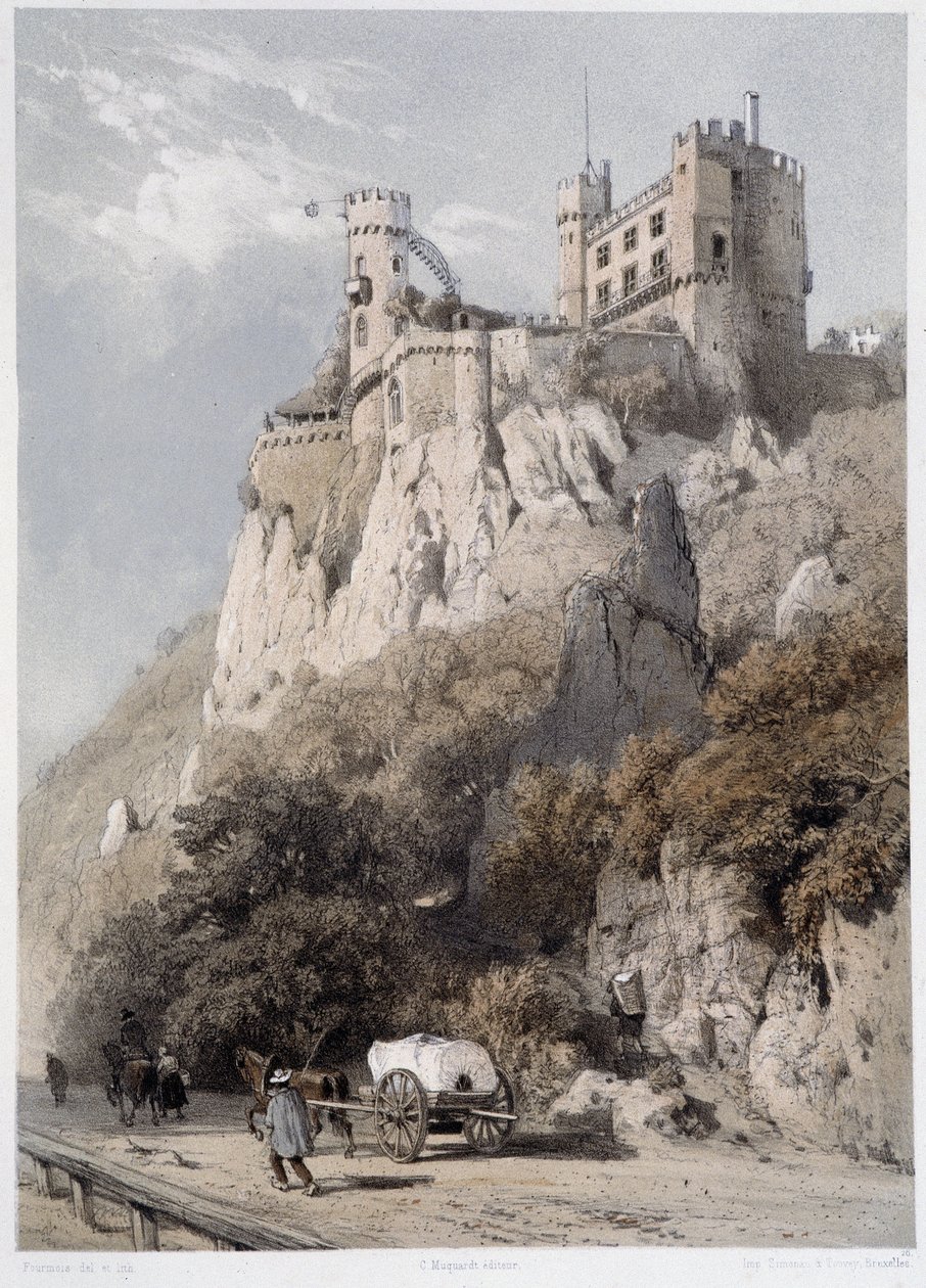 Chateau Rheinstein. I "" Den monumentale og maleriske Rhinen"". Litografier af Fourmais og Stroobant af Francois Stroobant