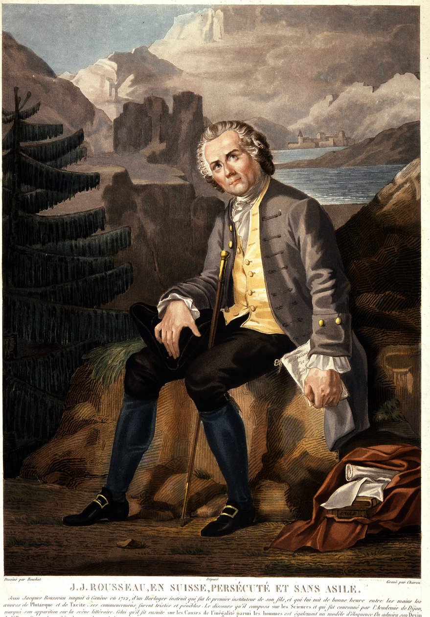 Jean Jacques Rousseau i Schweiz, forfulgt og uden asyl. Akvatinte af Charon d