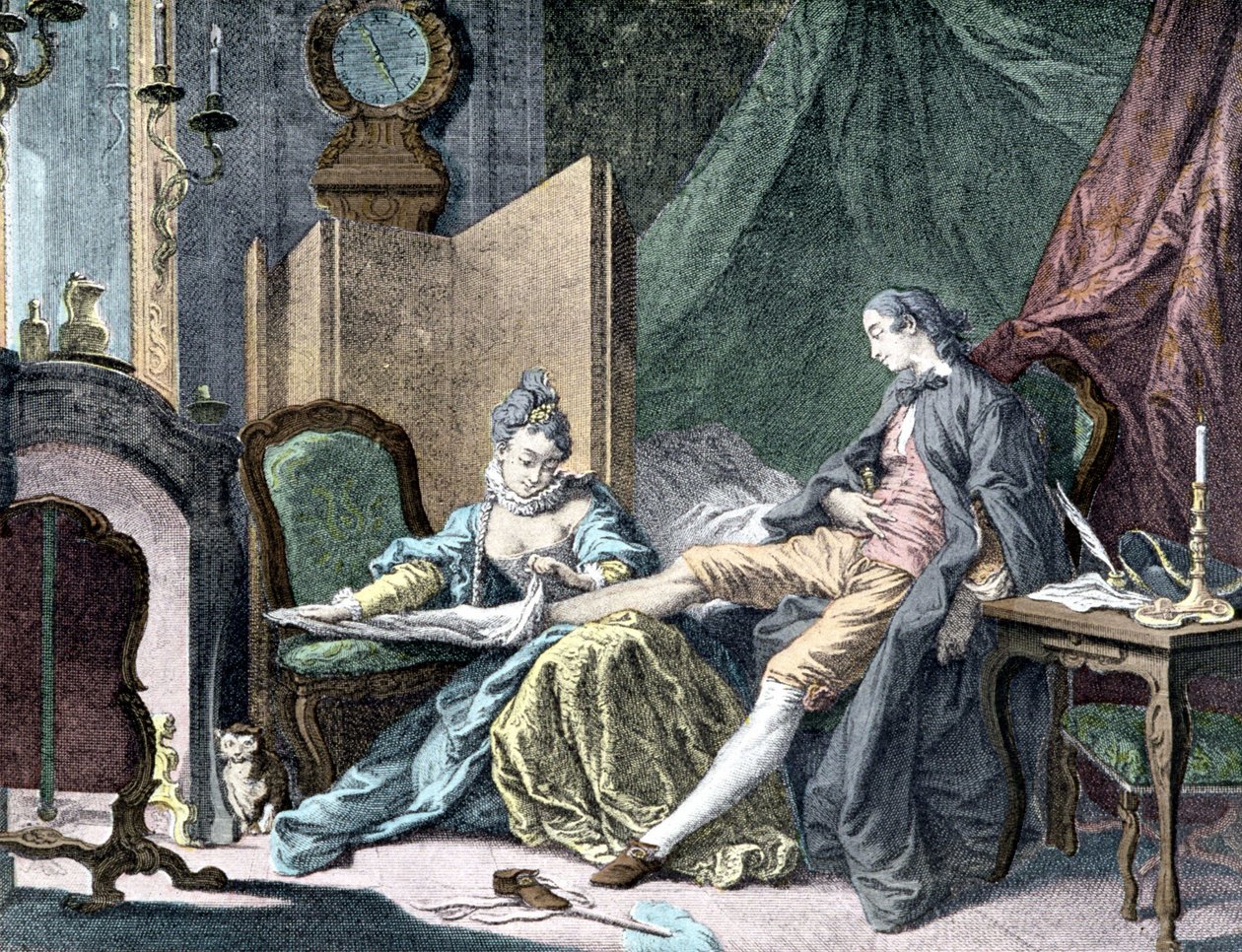 La Courtesan amoureuse: Kvinde fjerner bunden af en mand - gravering af ap. Slagter af Francois (after) Boucher