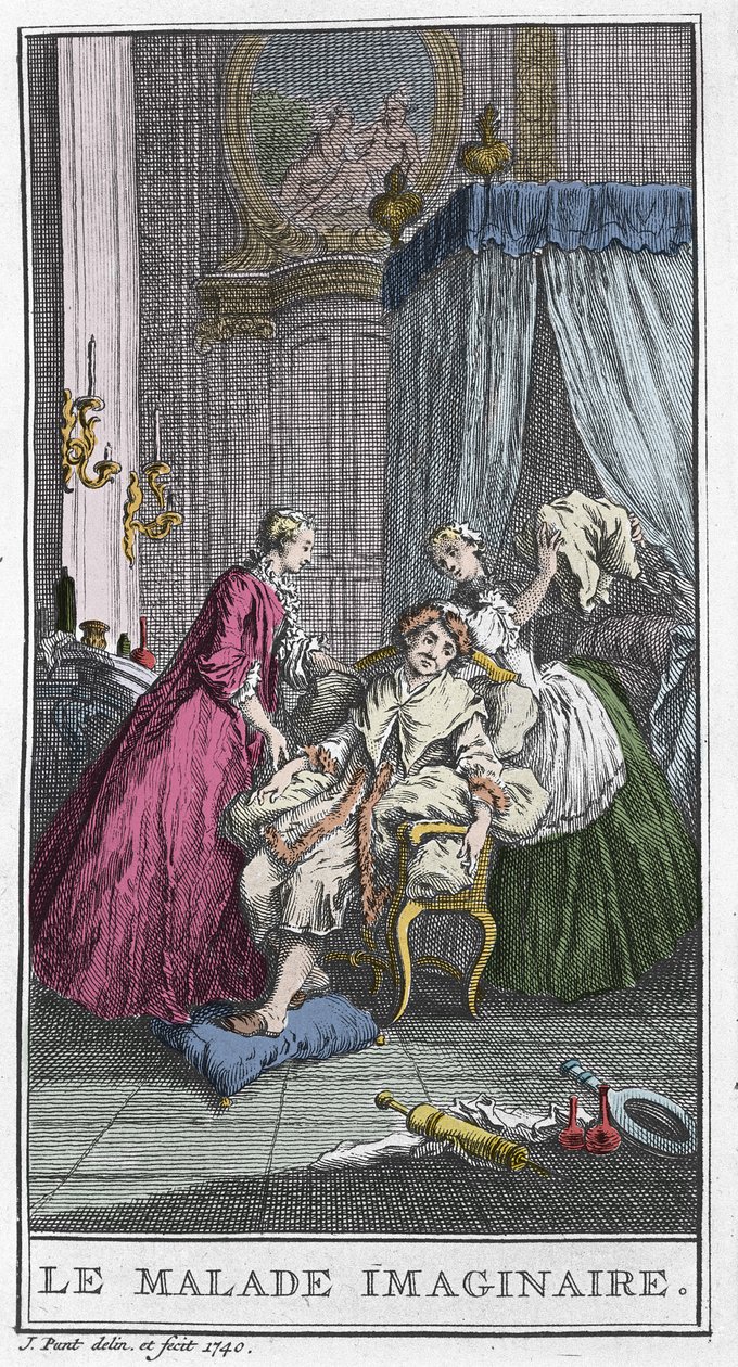 Den imaginære patient. Teaterstykke af Jean Baptiste Poquelin dit Moliere (1622-1673). Indgravering i "Den imaginære patient" af T. de Mare efter Boucher. af Francois (after) Boucher