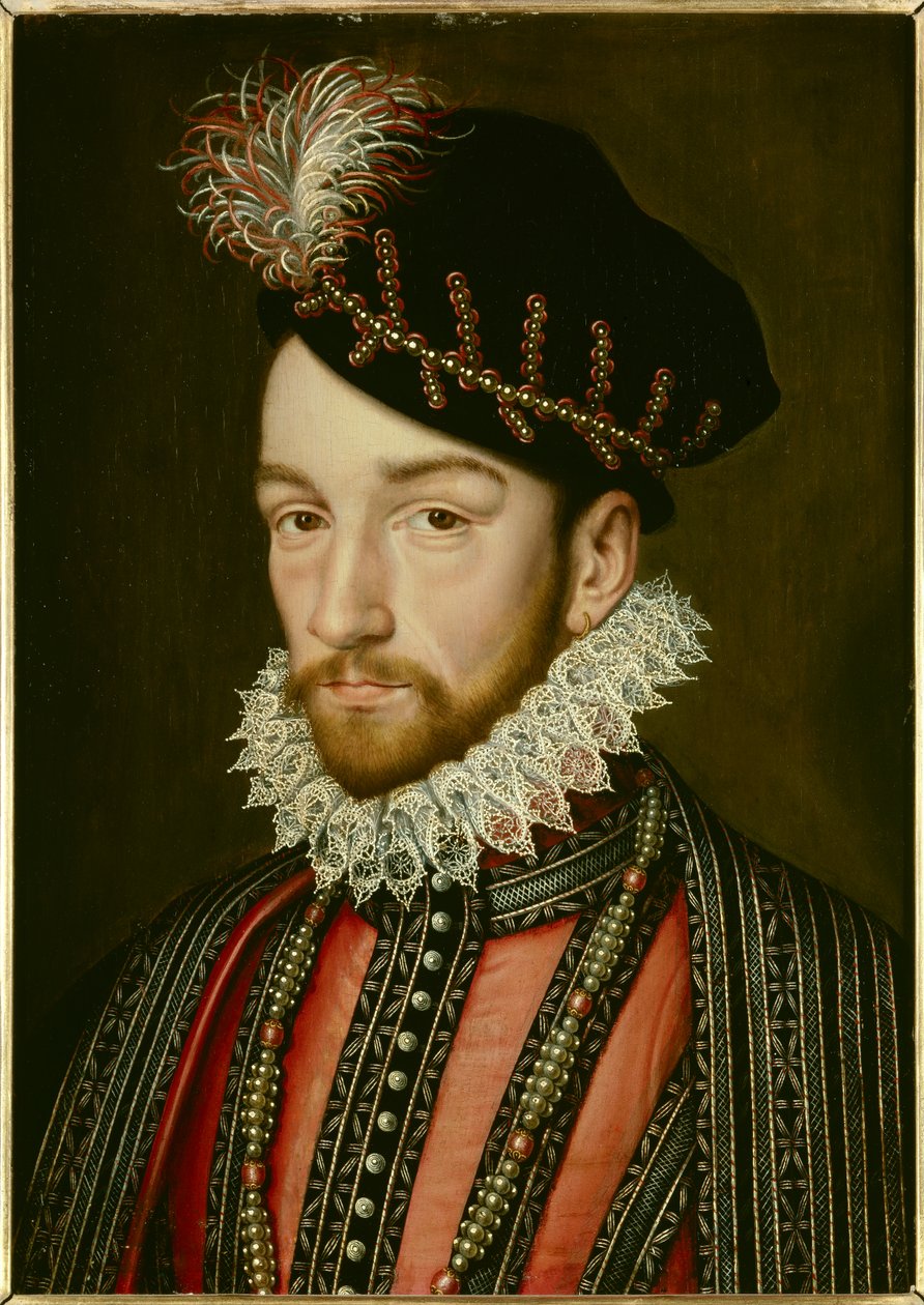 Portræt af Karl IX (1550 - 1574). Maleri af Francois Clouet (1515-1572) af Francois (after) Clouet