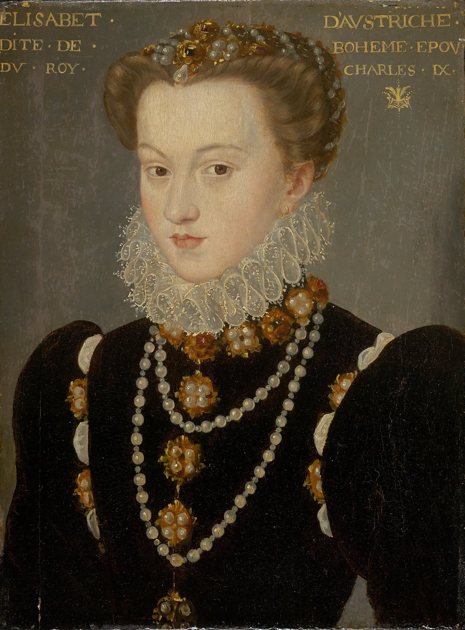 Portræt af Elizabeth af Østrig, hustru til kong Karl IX af Frankrig, efter 1571 (olie på panel) af Francois (after) Clouet