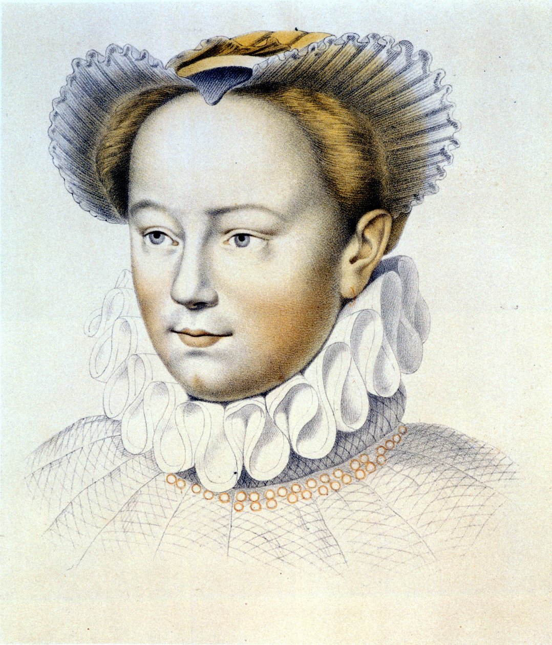 portræt af Marguerite de Valois, kendt som dronning Margot (1553-1615), dronning af Navarra, første hustru til Henrik IV. fra en original tegning af Clouet. af Francois (after) Clouet