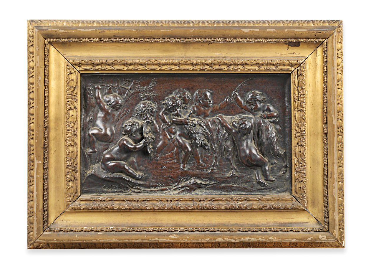 Rektangulært bronzerelief af bacchanalske spædbørn, der leger med en ged af Francois (after) Duquesnoy
