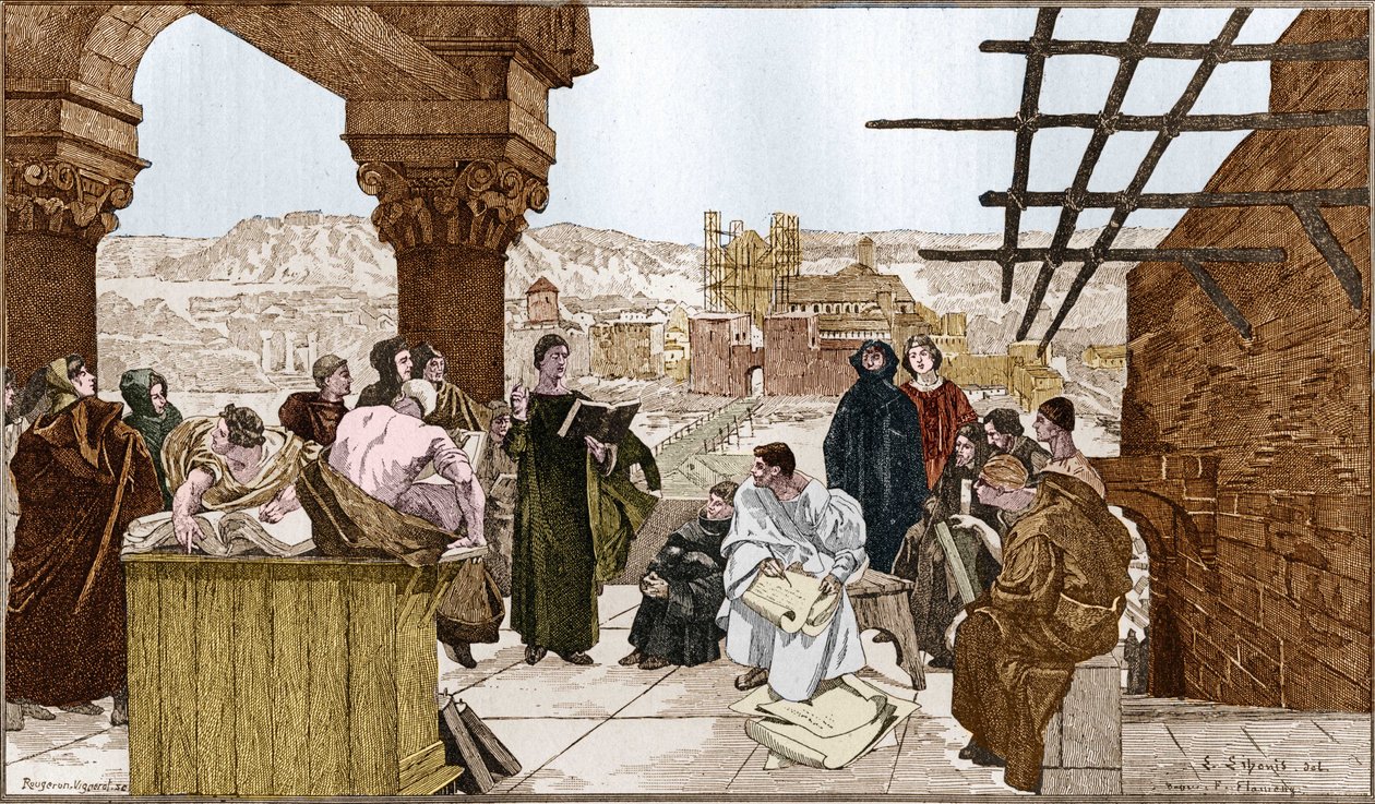 Pierre Abelard eller Abailard (1079-1142), fransk filosof og teolog og hans skole på Sainte Genevieve-bjerget. Fra fresken af Francois Flameng. af Francois (after) Flameng