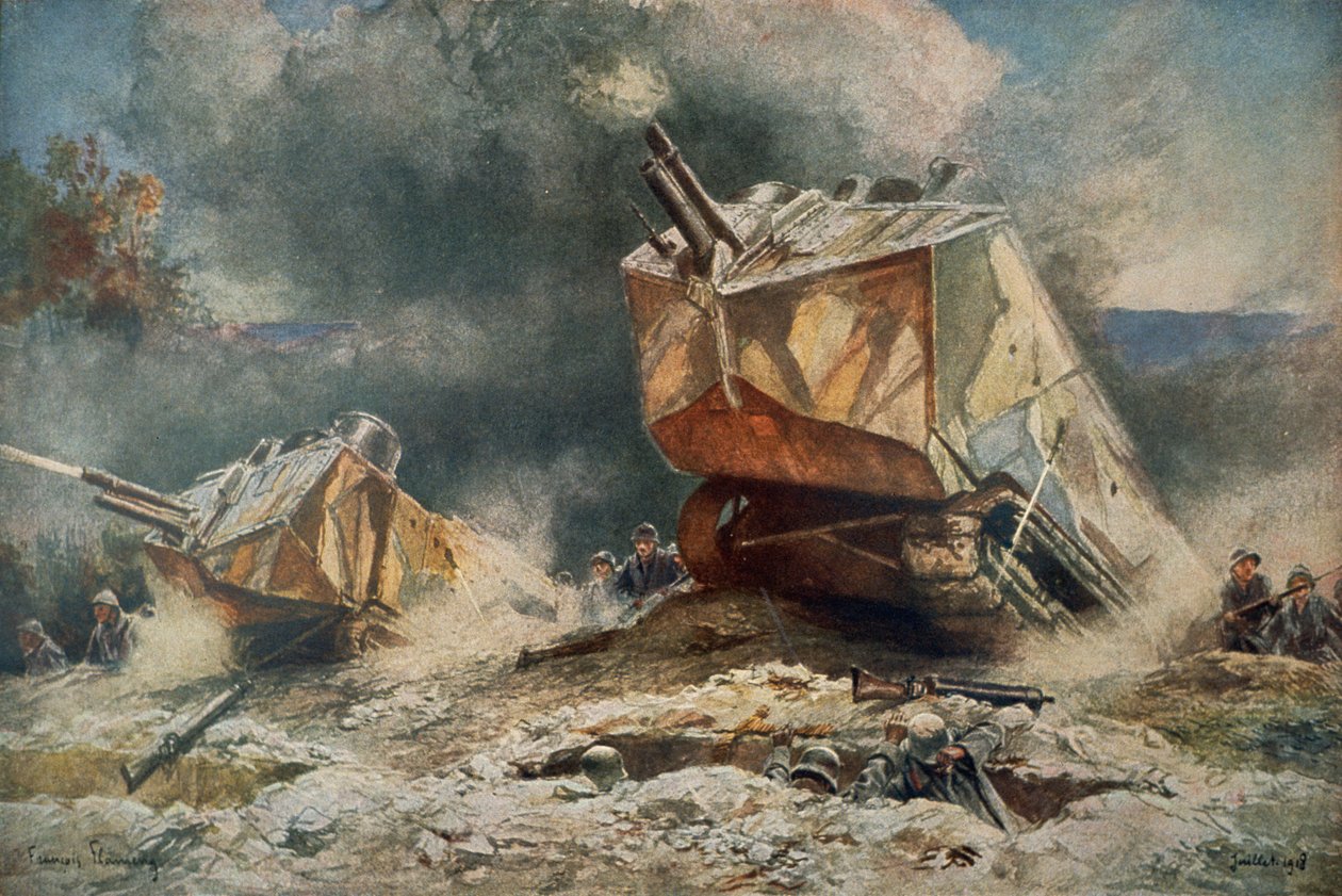 WWI Fransk kampvogn af typen St Chamond rykker frem på de tyske stillinger af Francois (after) Flameng