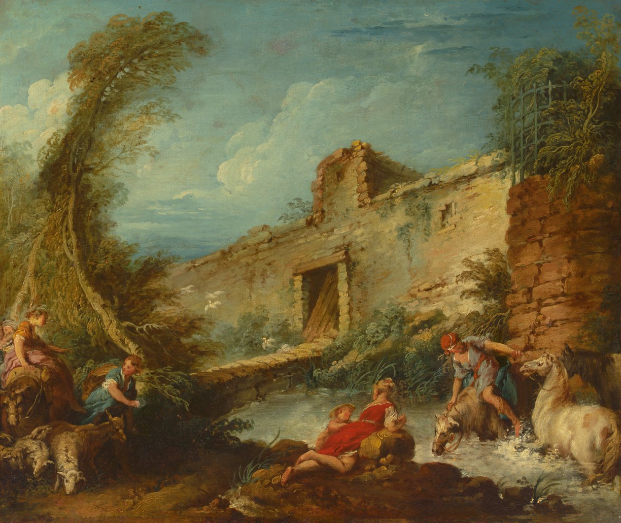 The Ford Crossing, ca. 1703-70 (olie på lærred) af Francois (and studio) Boucher