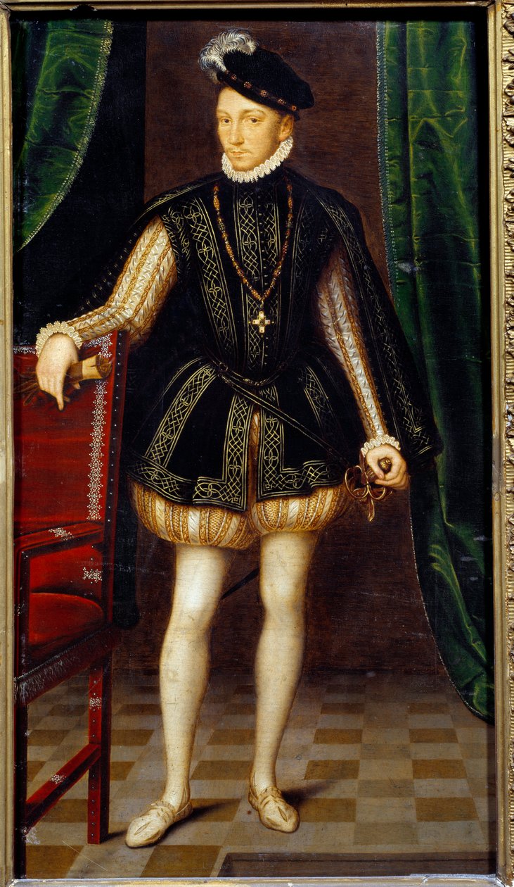 Portræt i foden af Charles IX (1550 - 1574) konge af Frankrig. Maleri af Francois Clouets værksted (1515-1572) af Francois (workshop of) Clouet