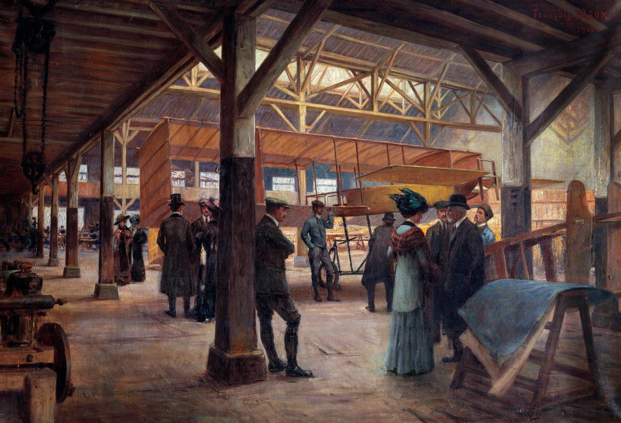 Værksted for brødrene Gabriel og Charles Voisin (1880-1973 og "1882-1912), pionerer inden for luftfart, i 1908 i Boulogne Billancourt" (olie på lærred) af Francois Alaux