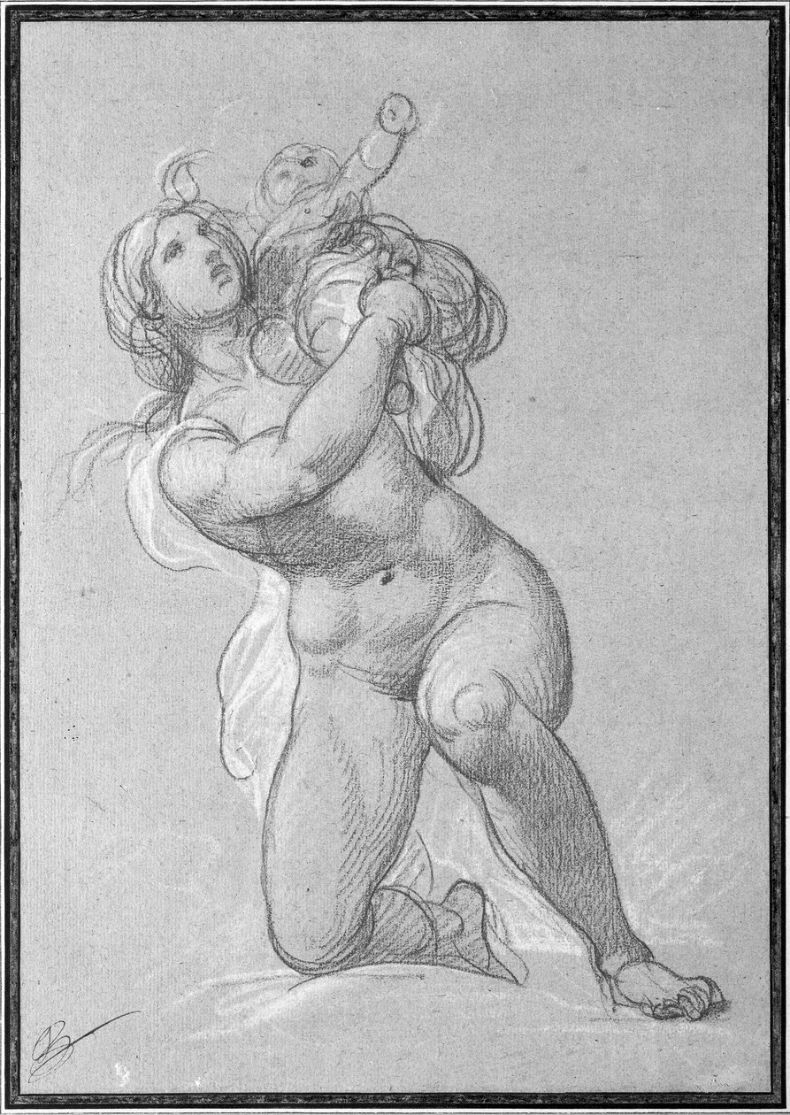 Knælende nøgen kvinde med et barn, ca. 1781 (rød farveblyant & hvidt kridt på papir) af François André Vincent