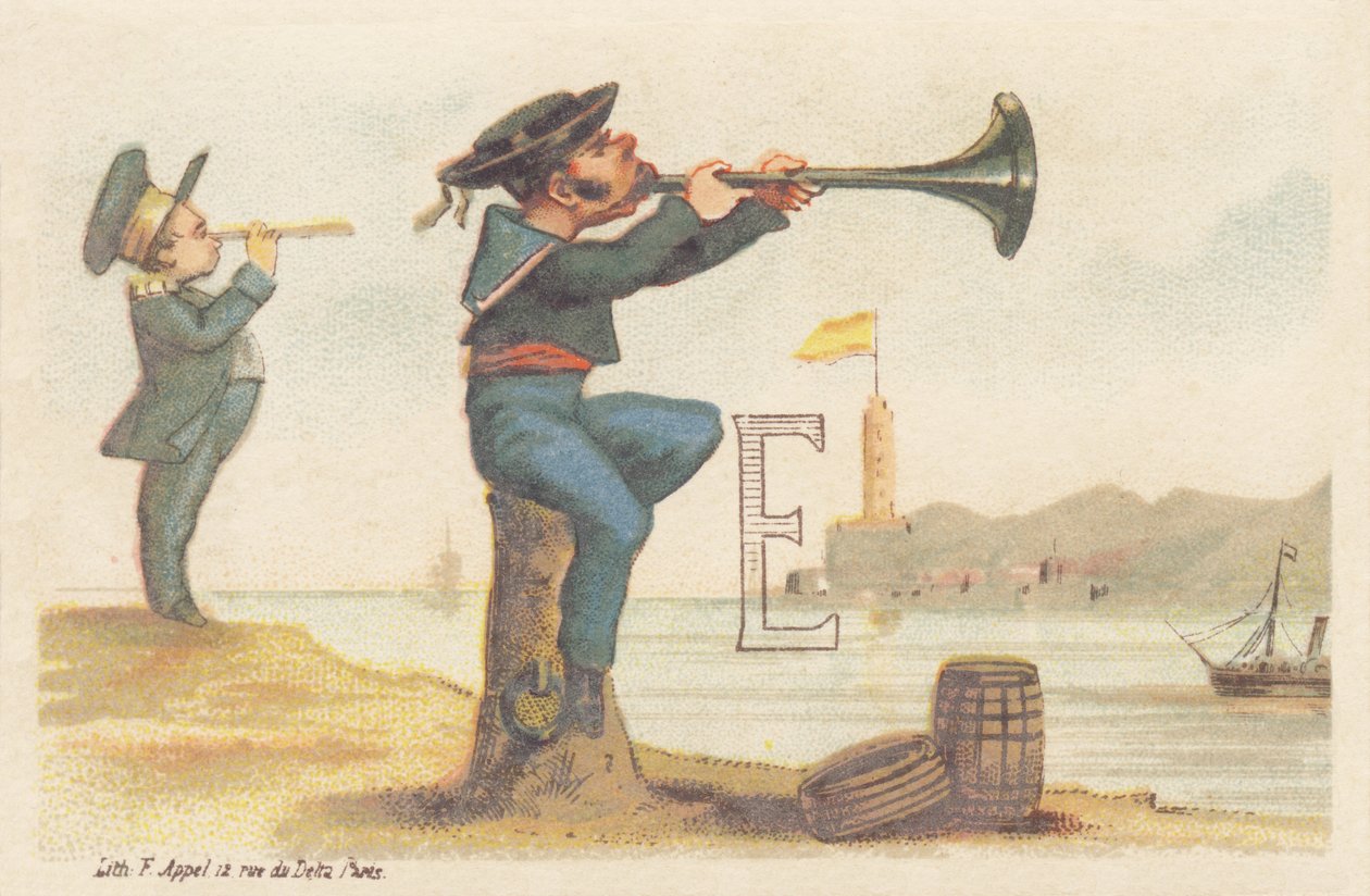 E (brev afbildet af en bretonsk sømand, der sidder på en fortøjningsbite og spiller bombe) af Francois Antoine Appel