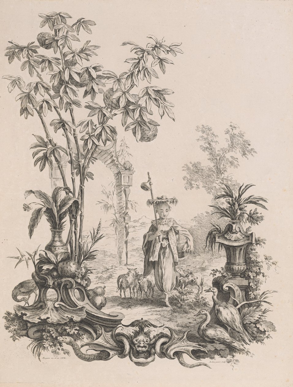 Ung kinesisk pige gående, omgivet af sine får, ca.1740-50. af Francois Antoine Aveline