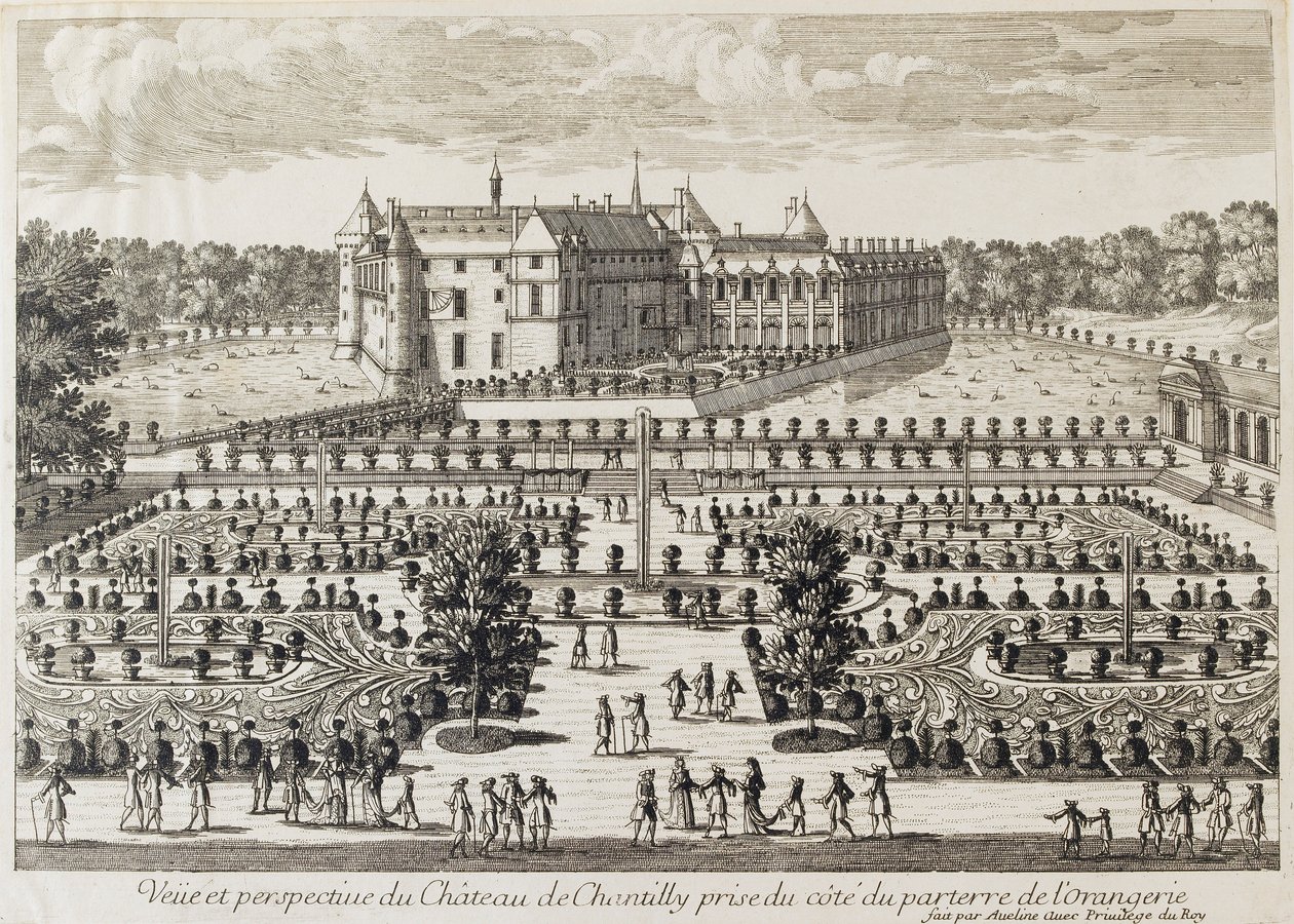 Udsigt over Chateau de Chantilly fra Orangeriet, midten af det 18. århundrede af Francois Antoine Aveline