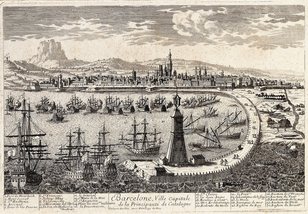 Udsigt over byen og havnen i Barcelona i det 18. århundrede. Gravering af Francois Antoine Aveline Barcelona, Museu d