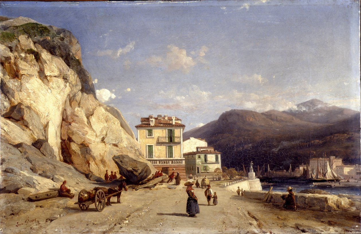 Udsigt over indsejlingen til havnen, Nice (olie på lærred) af Francois Antoine Leon Fleury