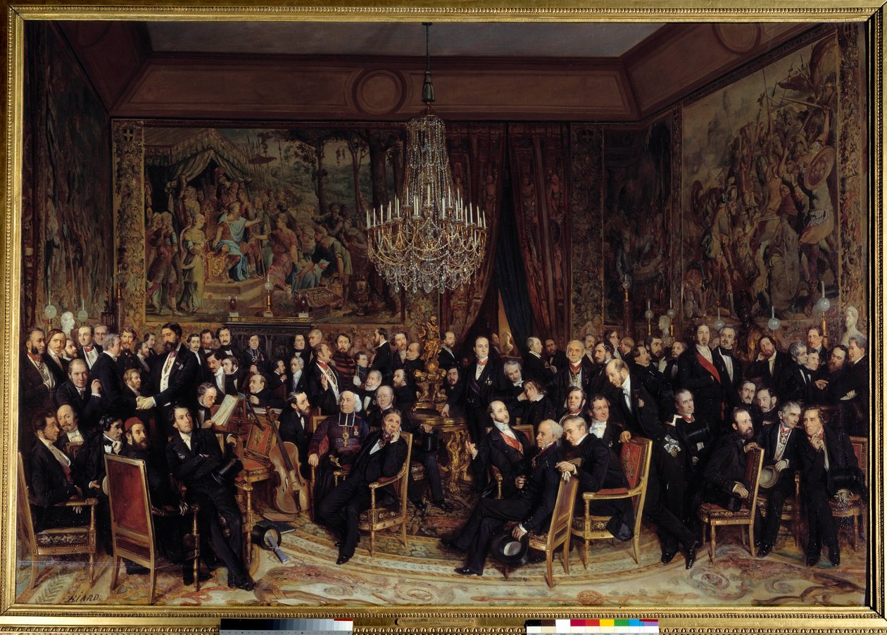 Aften på Louvre med greven af Nieuwerkerke Blandt gaverne: Francois Marcellin Certain de Canrobert (1809-1895), Eugene Delacroix (1798-1863), Camille Doucet (1812-1895), Jacques Fromental Levy dit Halevy (1799-1862) , Baron Georges Haussmann ( af François Auguste Biard