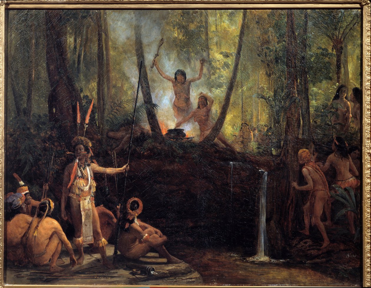 Fremstilling af curare i den bresilianske skov Udvinding af curare, et stof taget fra vinstokke fra Amazonas træer, der forårsager lammelse. Maleri af Francois Auguste Biard (1799-1882) La Rochelle fra det 19. århundrede, Musee du Nouveau Monde af François Auguste Biard