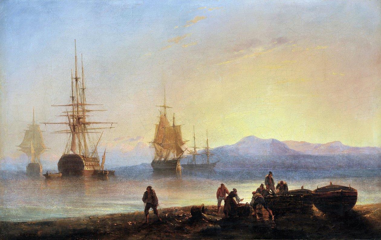 Søstre og skibe i Middelhavet. Maleri af Francois Pierre BARRY (1813-1905). Olie på lærred. Mål: 29,5x46 cm. Obligatorisk omtale: Collection fondation regards de Provence, Marseille af Francois Barry
