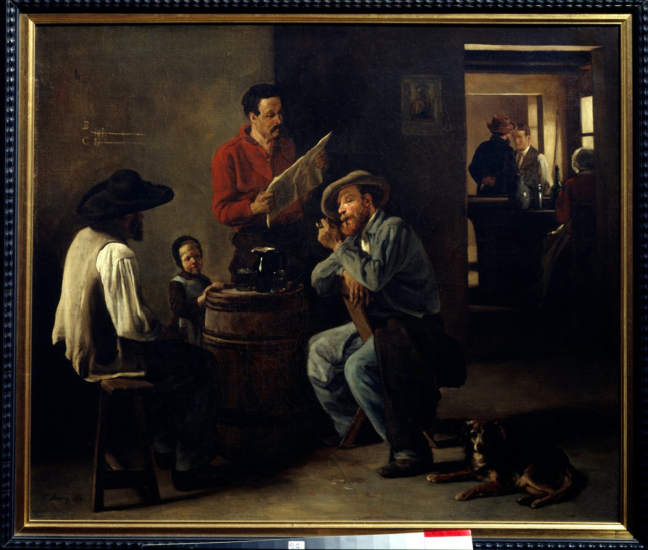 Kabaretinteriør To mænd, der sidder i en værtshus, lytter til læsningen af avisen. Maleri af Francois Bonvin (1817-1887) 1859 Arras, Musee des Beaux Arts. af François Bonvin