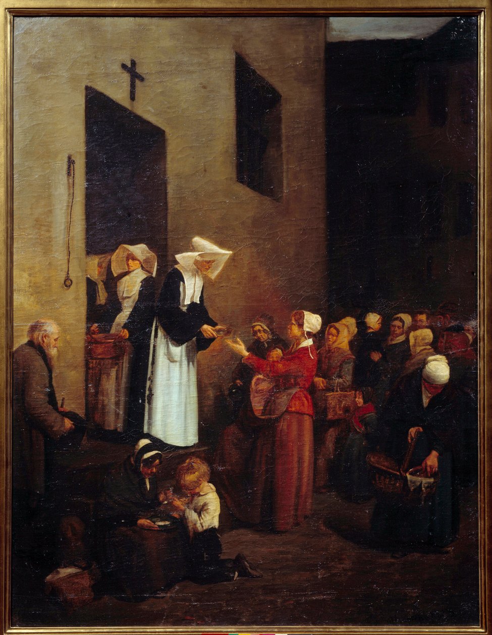 Velgørenhed. Nonner deler mad ud til de fattige på gaden. Maleri af Francois Bonvin (1817-1887) af François Bonvin
