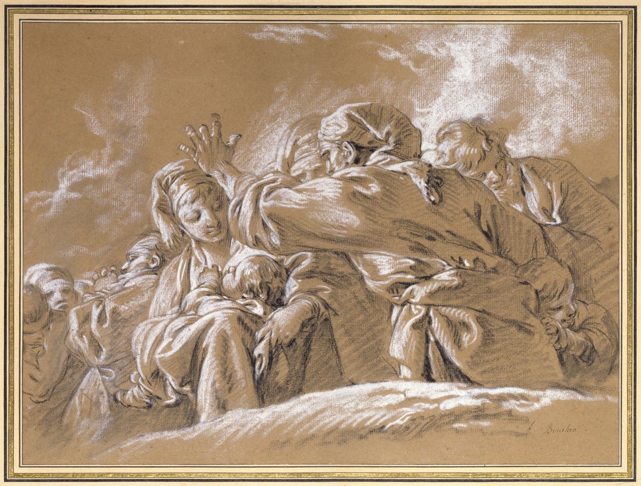 En mor og et barn og andre figurer set nedefra (kridt) af François Boucher