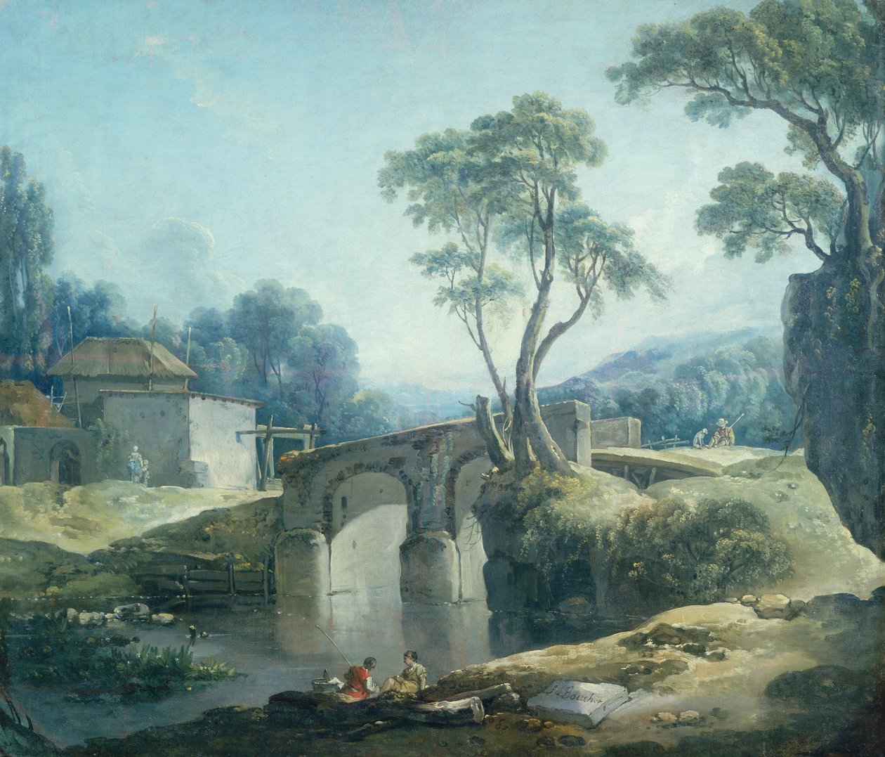 Et skovklædt landskab med en bro over en flod (olie på lærred) af François Boucher