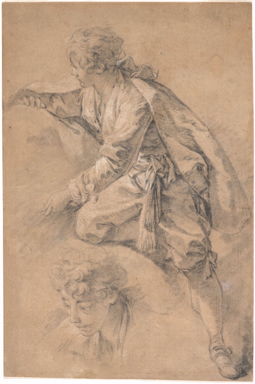 En ung mand, der sidder på et halvt knæ med begge arme strakt ud af François Boucher