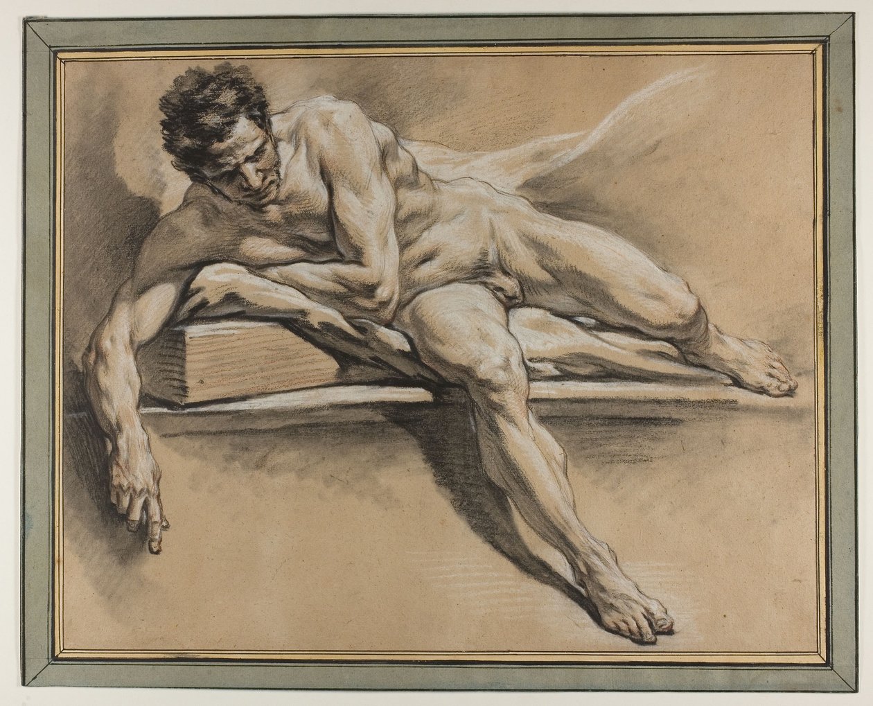 Akademisk studie af en liggende mandlig nøgen, ca. 1750 (sort, rødt og hvidt kridt på papir) af François Boucher