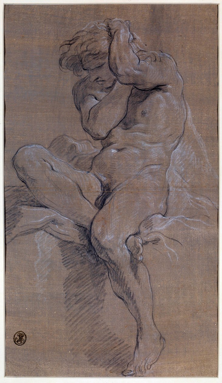 Akademi for siddende nøgen mand Tegning i rødt blod af Francois Boucher (1703-1770) 1700-tallets Paris, Louvre-museet af François Boucher