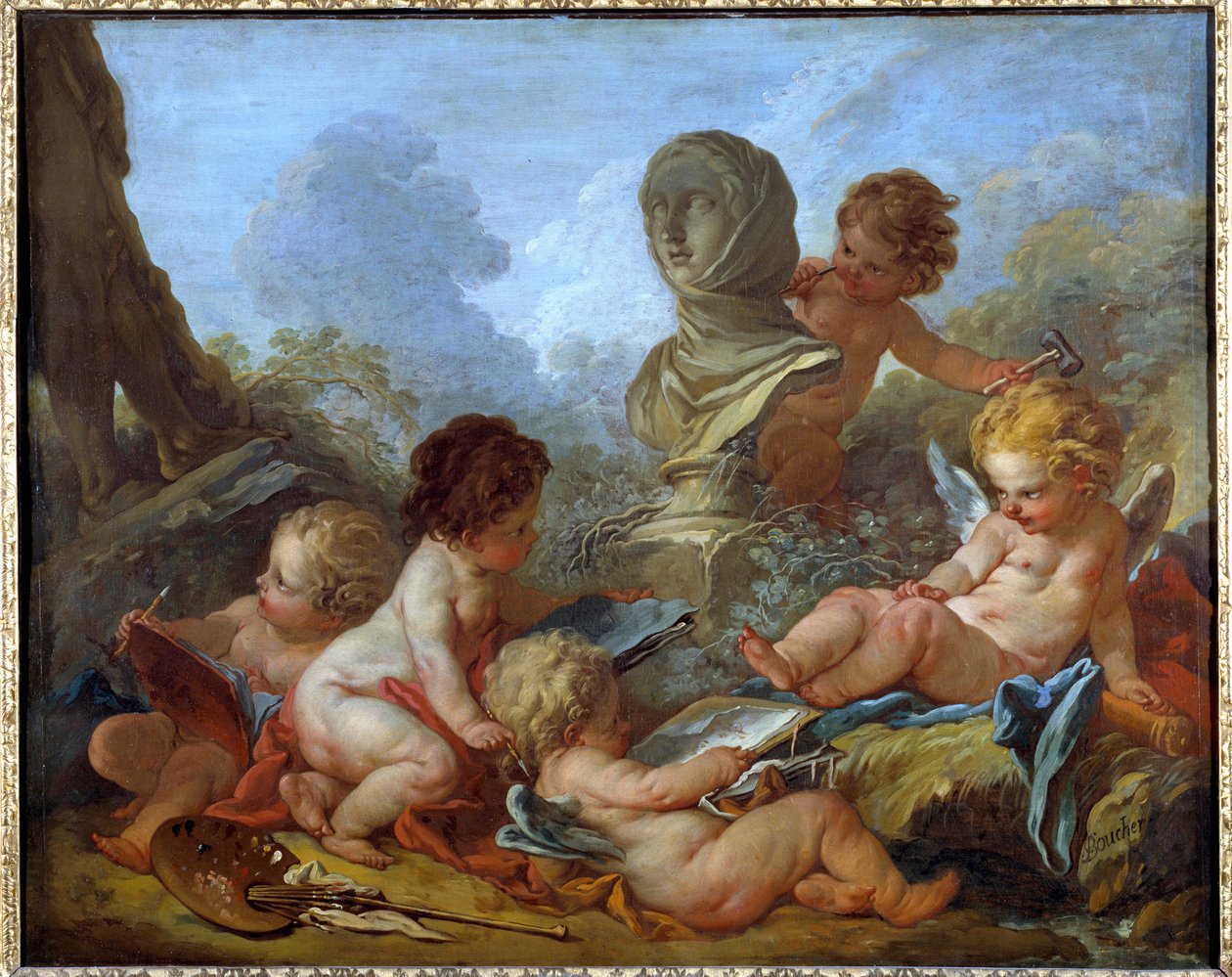 Allegorie des Arts Fem små Amours forbundet med forskellige kunster (skulptur, maleri...) Maleri af Francois Boucher (1703-1770) 1700-tallets Troyes, Musee des Beaux Arts - Allegory of Arts. Fem små amoriner forbundet med forskellige kunster (skulptur af François Boucher