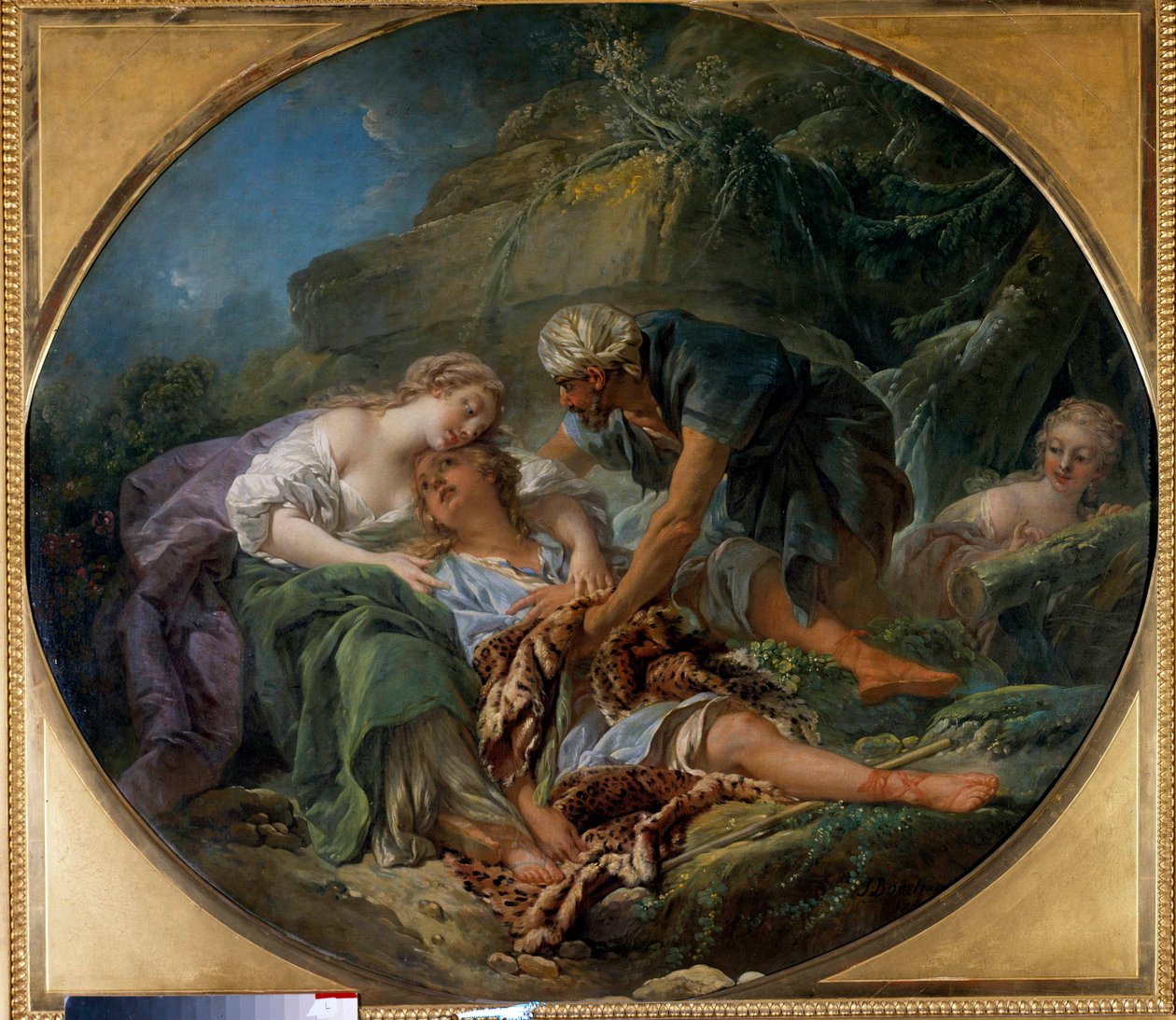 Amintas (eller Amyntas) vender tilbage til livet i Sylvies arme. Guden Pans barnebarn vender tilbage til ham i armene på Sylvie, som han er forelsket i." Maleri af Francois Boucher (1703-1770). 1756. Dim. 1,20 x 1,36 m Rundture, Musee des Beaux Arts af François Boucher