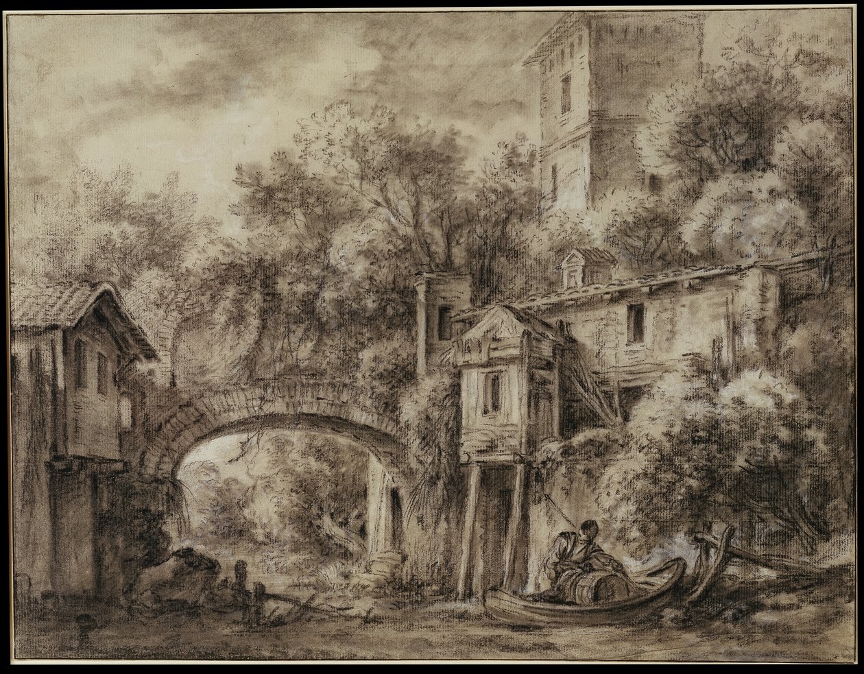 Arkitektonisk kapriccio med møllen i Quiquengrogne ved Charenton af François Boucher