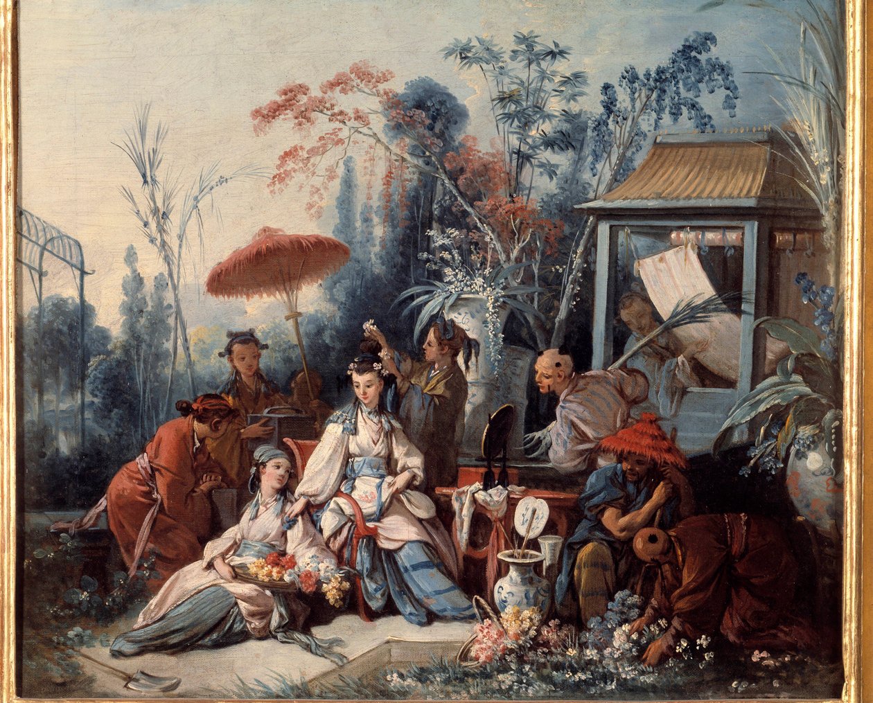 Chinese Garden Scene of Chinoiseries, der forestiller en ung kvinde omgivet af tjenere. Maleri af Francois Boucher (1703-1770) af François Boucher