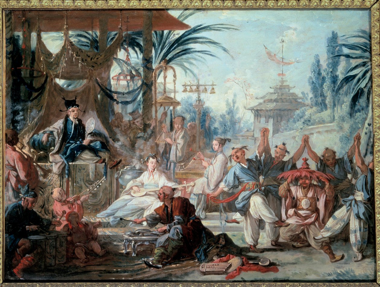 Chinoiserie: "" Kinesisk dans""" Underholdningsscene ved det kejserlige hof med musikere og dansere. Maleri af Francois Boucher (1703-1770) 1740 Besancon, Musee des Beaux Arts af François Boucher