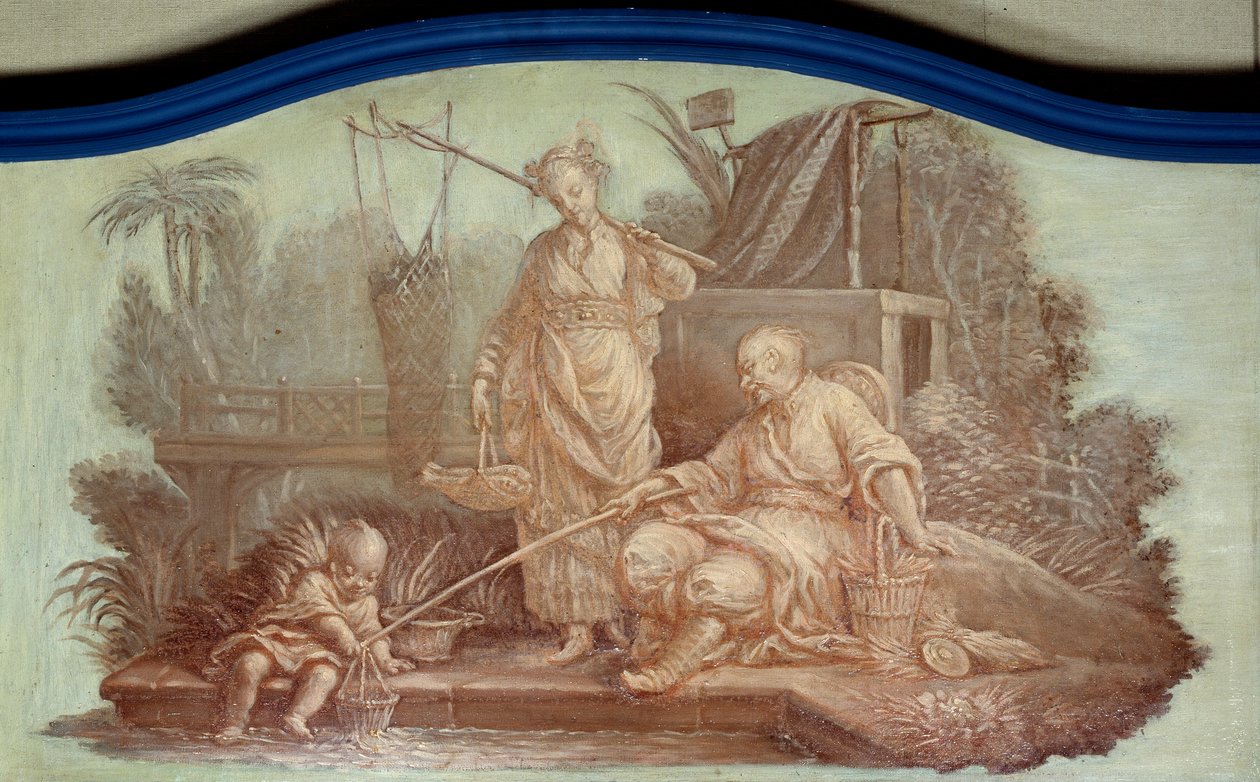 Chinoiserie: Scene for fiskeri i Kina. Front de porte-tegninger af Francois Boucher (1703-1770) af François Boucher