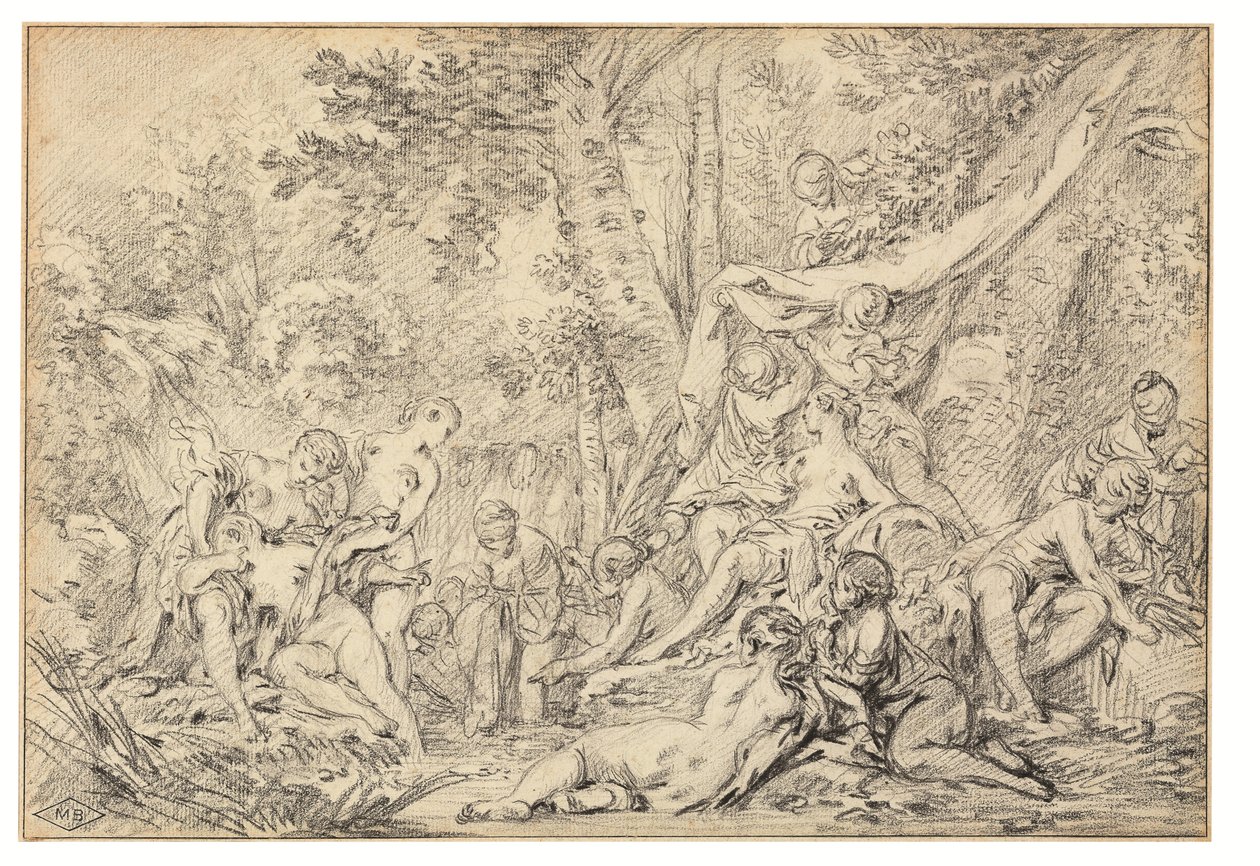 Diana og Callisto (sort kridt på papir) af François Boucher