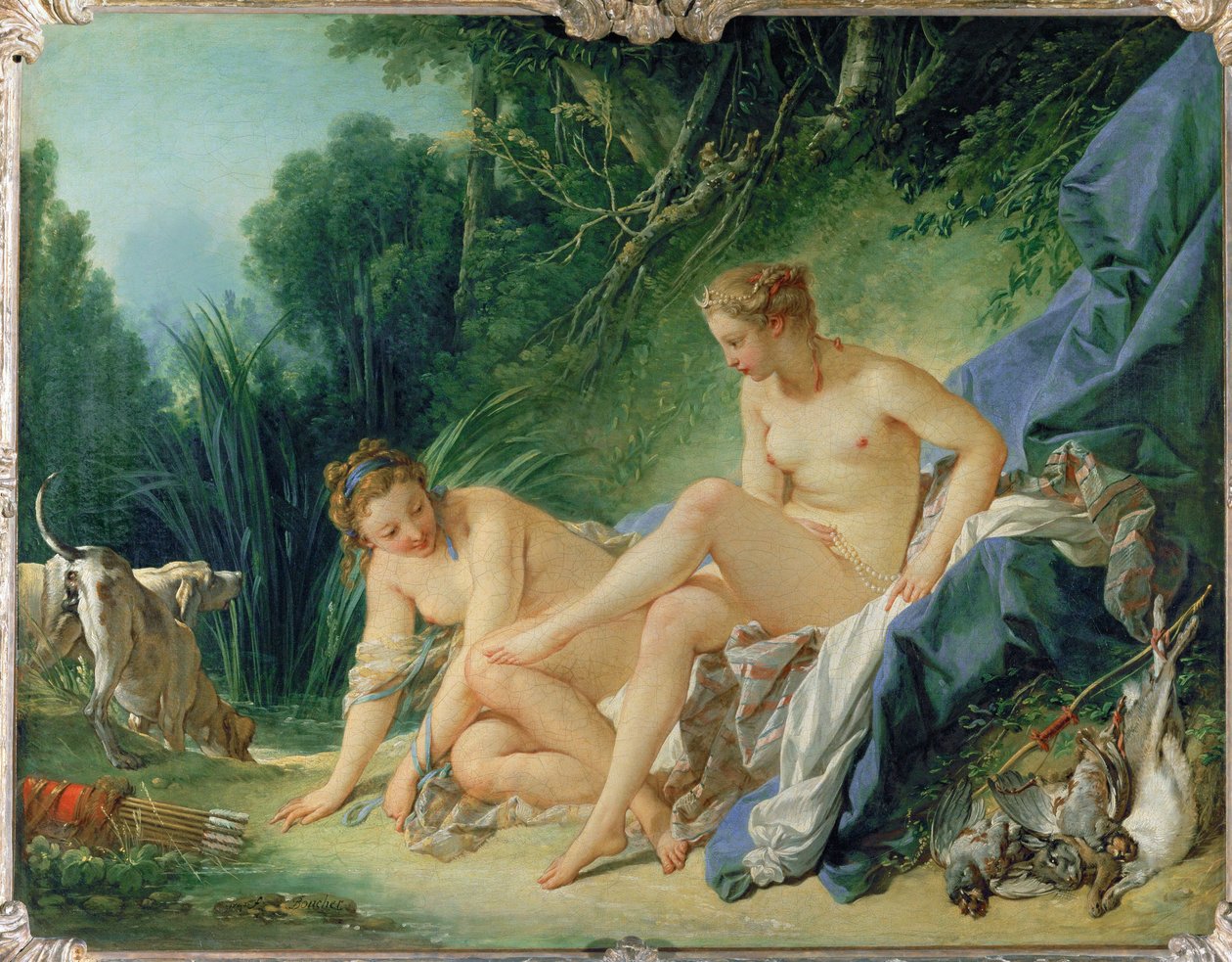 Diane au bain - Diana bader efter jagten. Måneseglen i hendes hår er symbolet for vand, månen ... af François Boucher