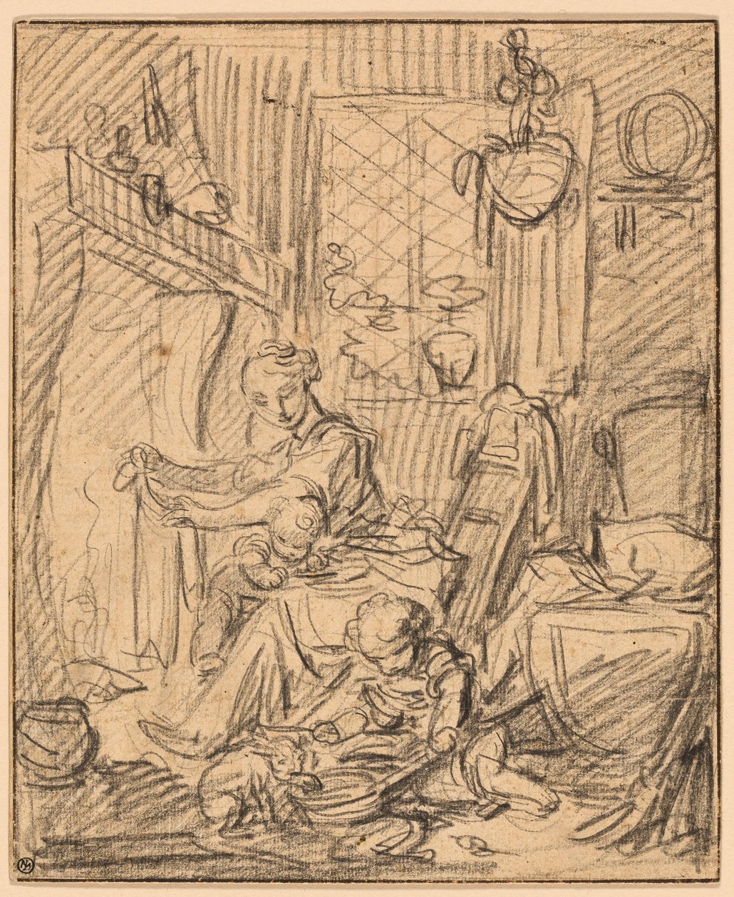 Indenlandsk scene: Mor med to små børn før en kappe af François Boucher