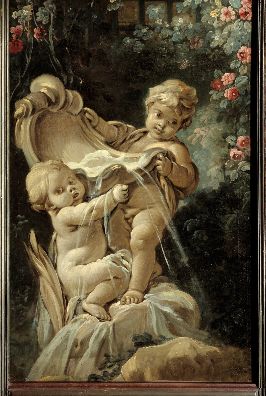 Dørpanel i stuen Demarteau: springvand med to kærligheder, hvoraf den ene knæler. Maleri af Francois Boucher (1703-1770) af François Boucher